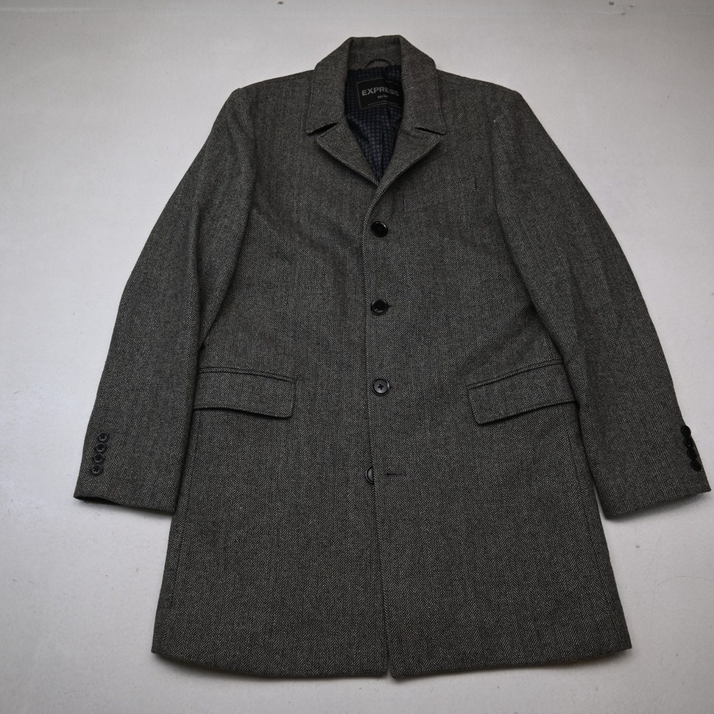 Express Medium Gray Herringbone Wool Tweed Mens Top Overcoat Winter Trench Coat